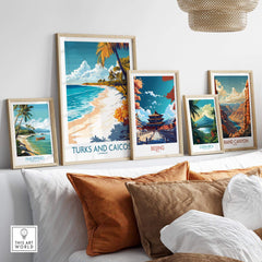 Turks and Caicos Wall Art Print showcased among tropical and scenic prints in a modern living room decor.