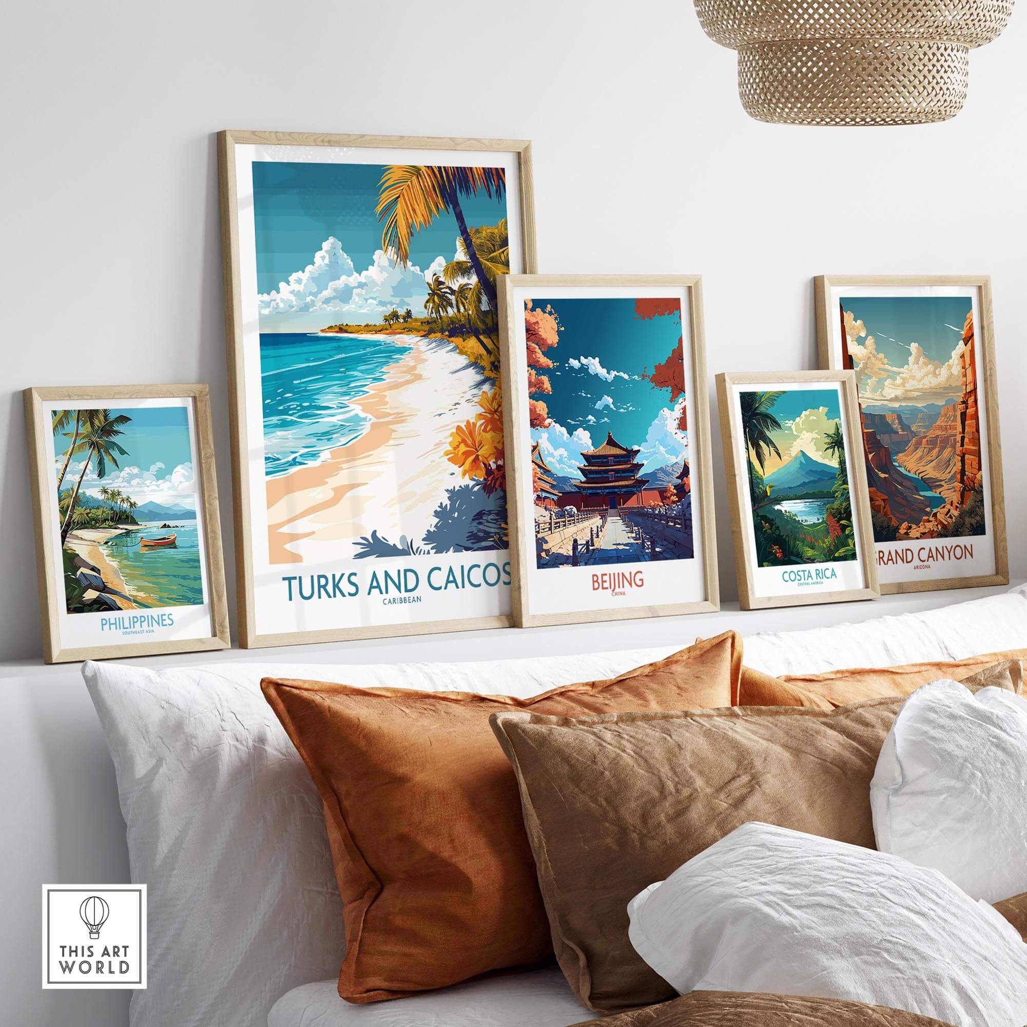 Turks and Caicos Wall Art Print showcased among tropical and scenic prints in a modern living room decor.