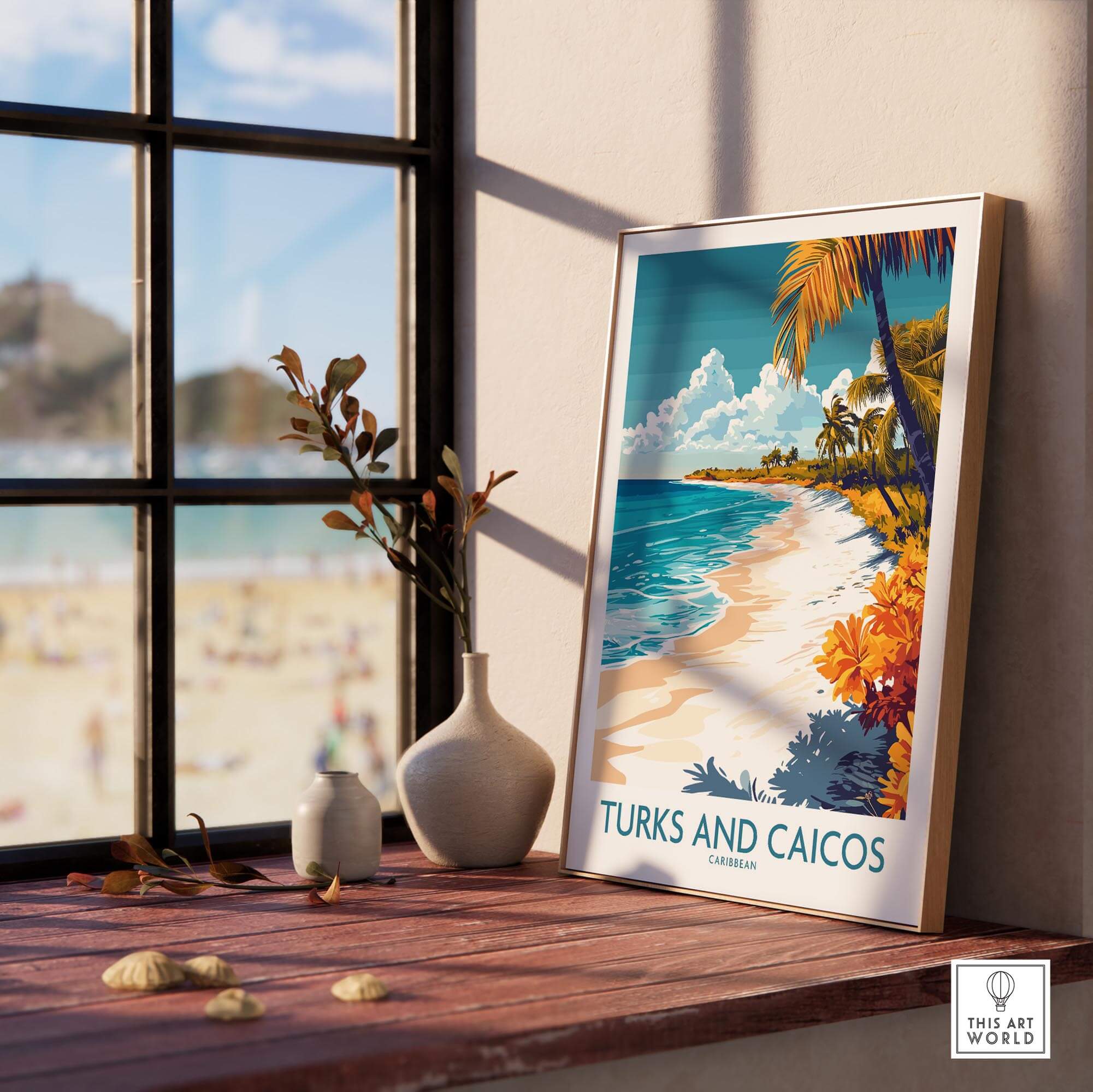 Turks and Caicos Wall Art Print featuring Caribbean beach scene with vibrant colors and serene atmosphere.