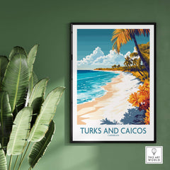 Turks and Caicos Wall Art Print showcasing a serene beach scene with turquoise waters and tropical plants.