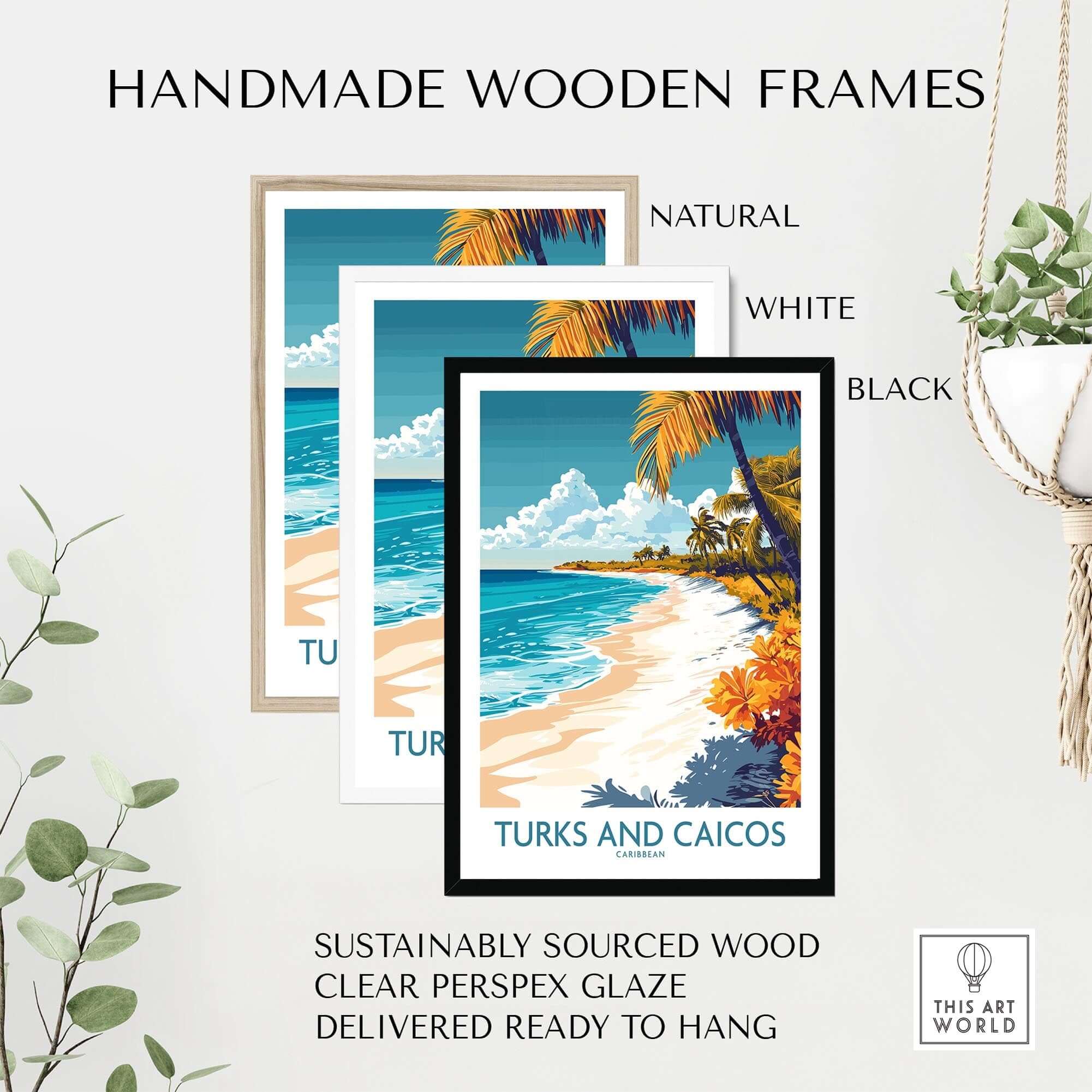 Turks and Caicos Wall Art Print displayed in three handmade wooden frames: natural, white, and black.