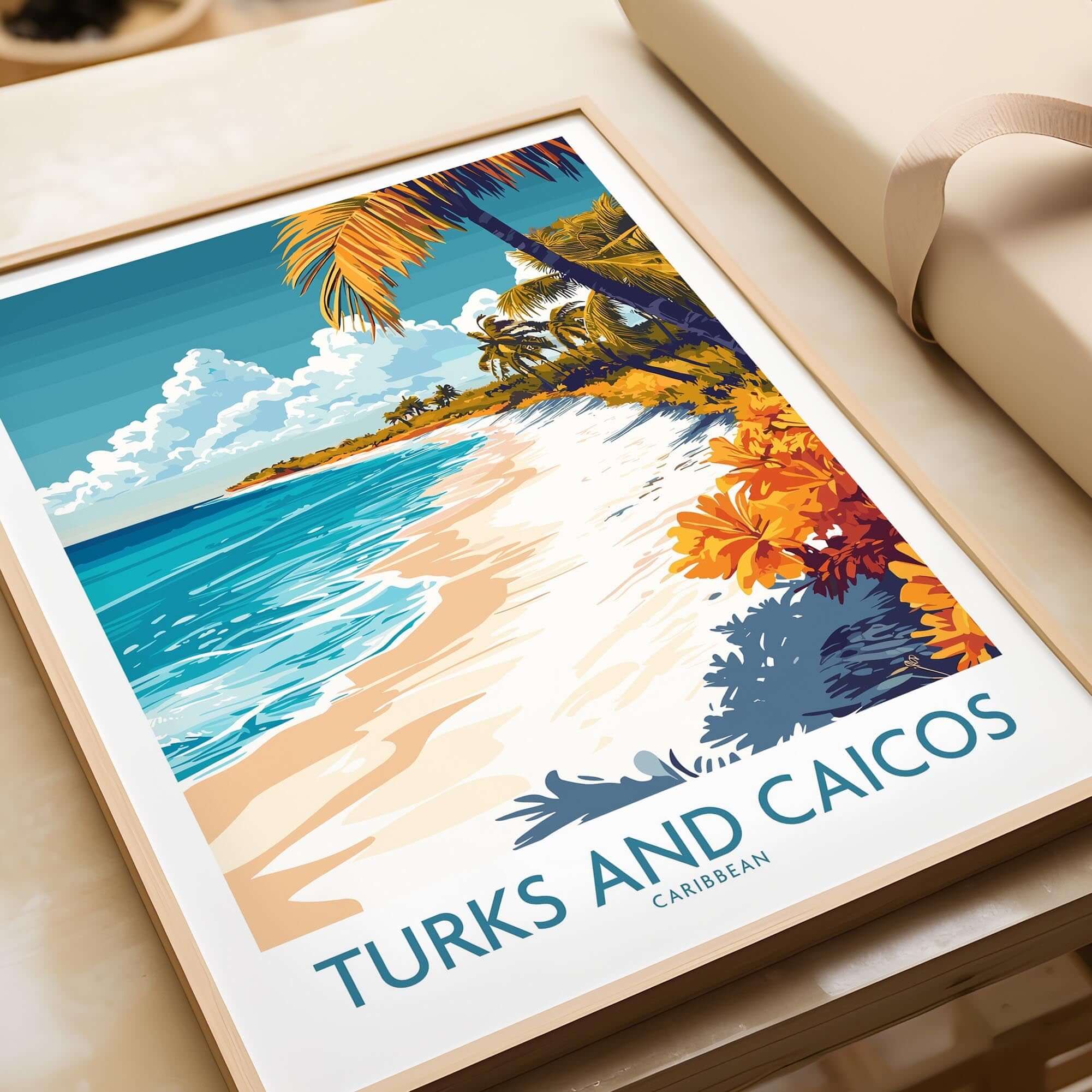 Turks and Caicos Wall Art Print featuring a vibrant beach scene with turquoise water and tropical foliage.