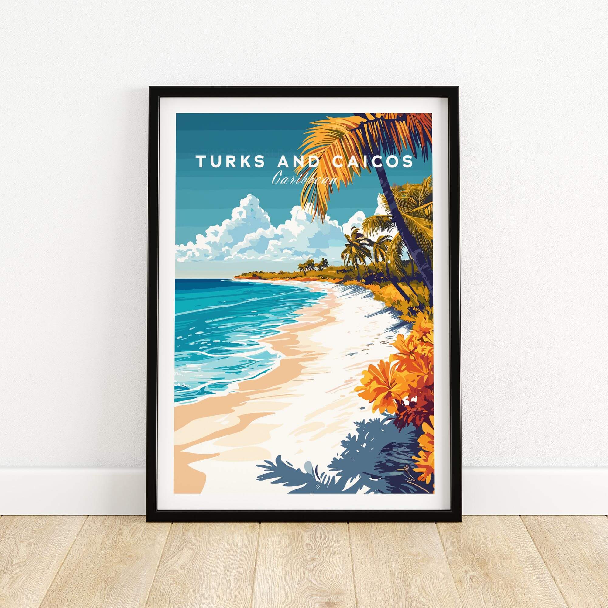 Stunning Turks and Caicos Wall Art featuring a beach scene with palm trees and blue waters.