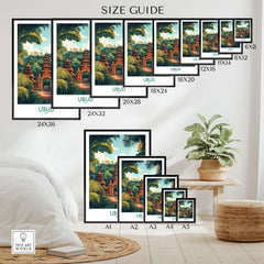 Ubud Bali Poster size guide featuring various frame sizes and tropical backgrounds for home decor.