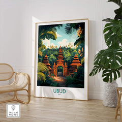Ubud Bali Poster featuring lush landscapes and a tranquil ambiance in a stylish home setting.