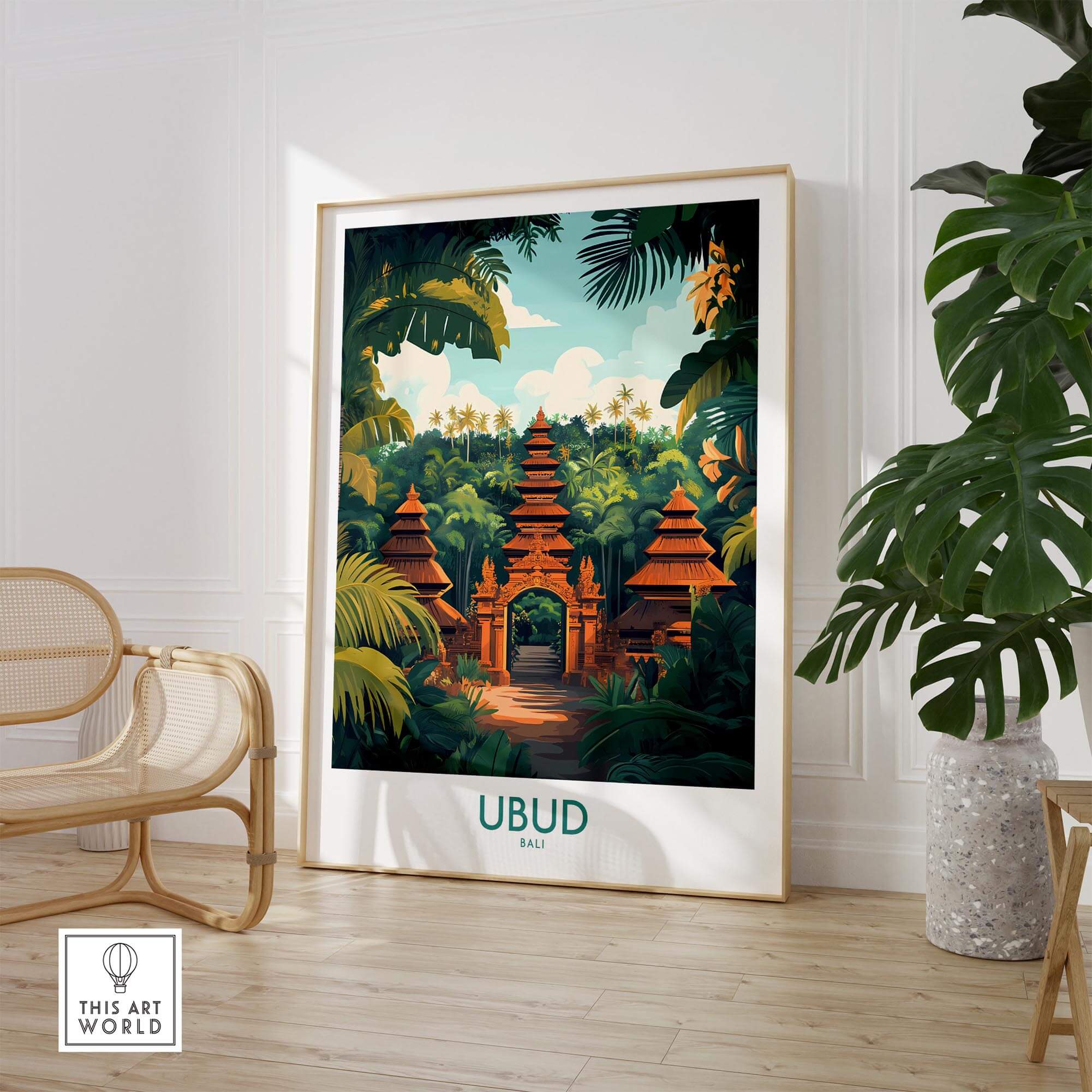 Ubud Bali Poster featuring lush landscapes and a tranquil ambiance in a stylish home setting.