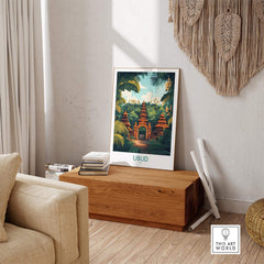 Ubud Bali Poster showcasing lush landscapes and serene ambiance in a stylish home setting.