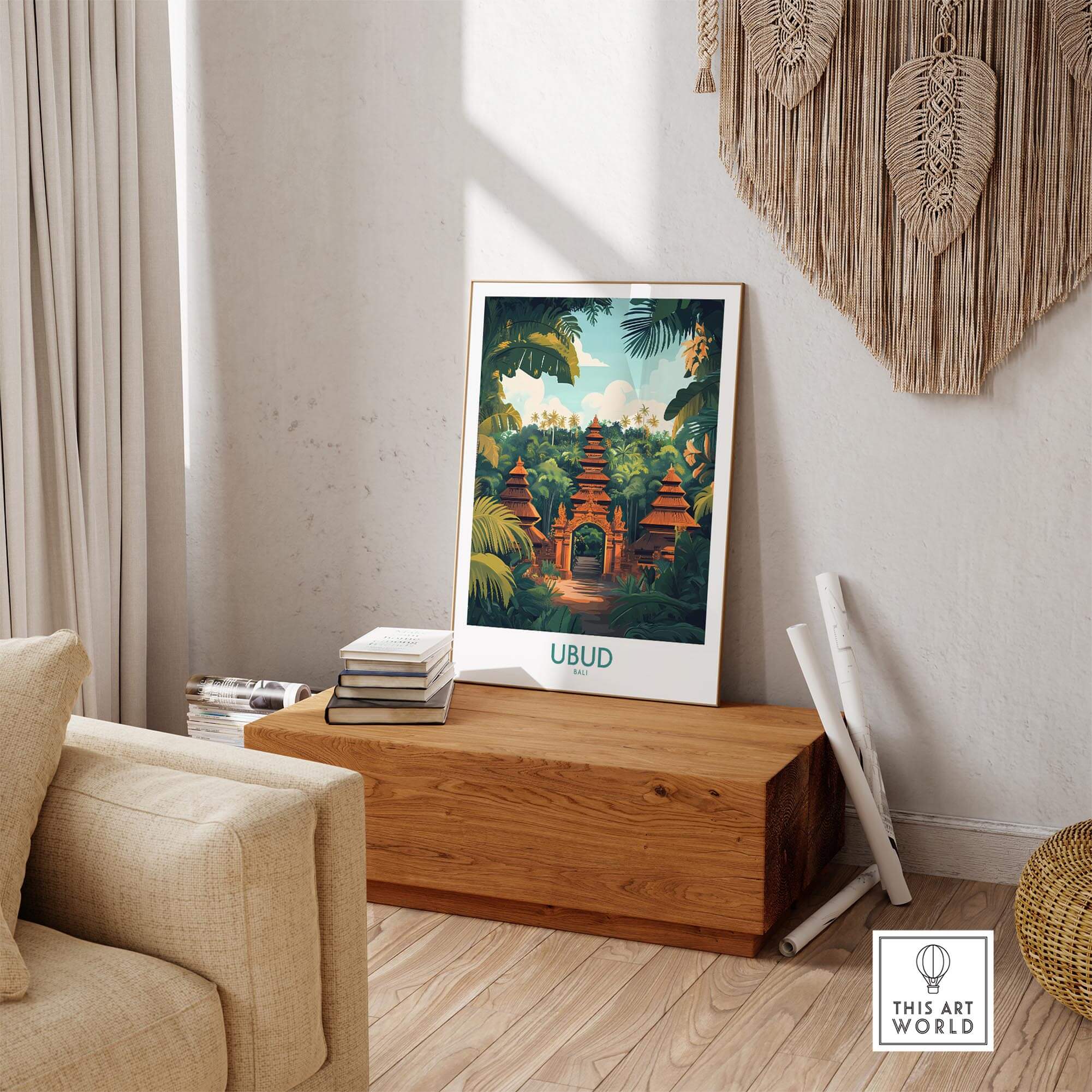 Ubud Bali Poster showcasing lush landscapes and serene ambiance in a stylish home setting.