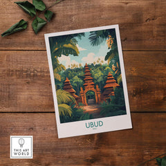 Ubud Bali Poster featuring a serene temple scene surrounded by lush greenery in Bali, Indonesia.