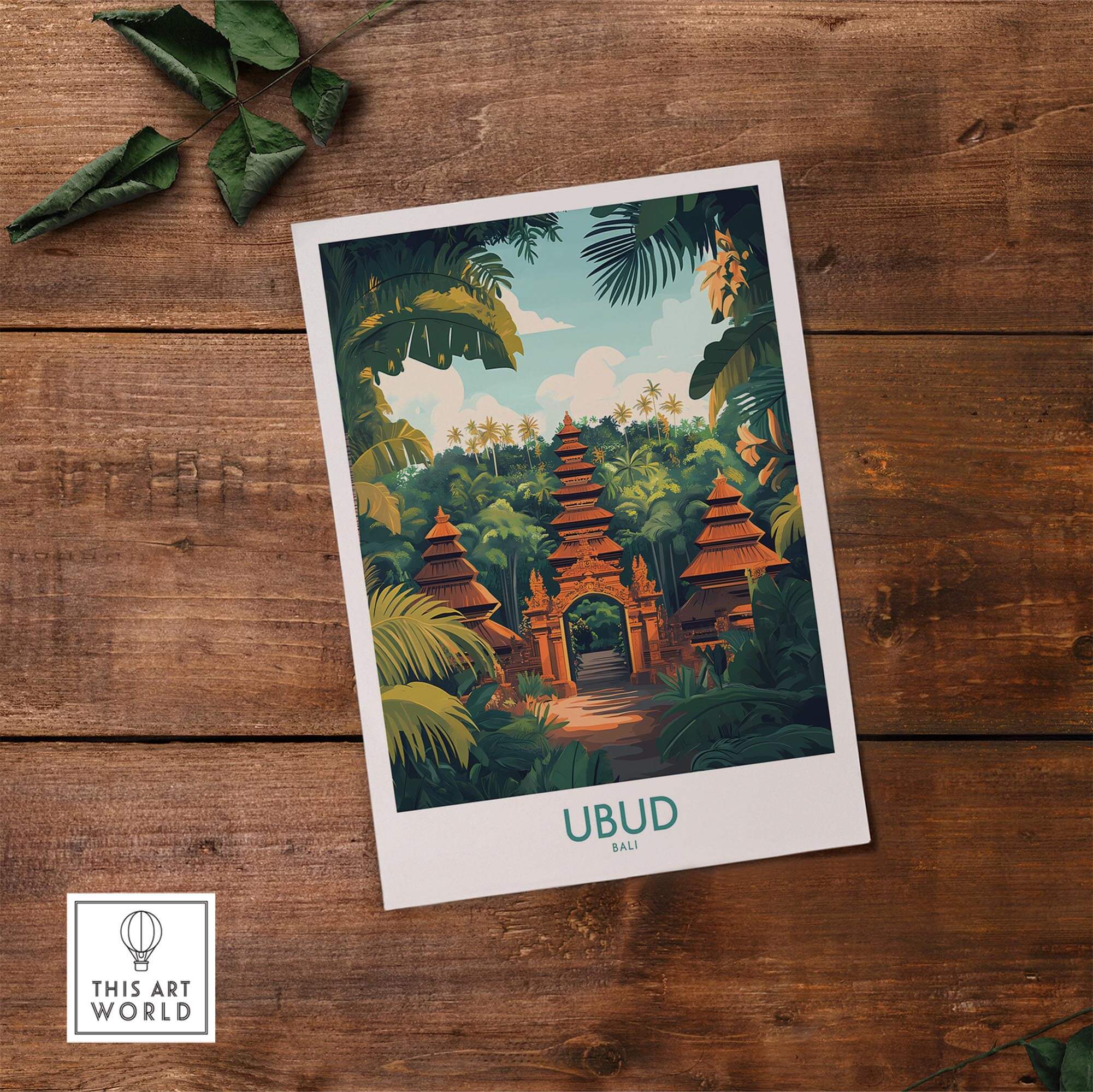 Ubud Bali Poster featuring a serene temple scene surrounded by lush greenery in Bali, Indonesia.