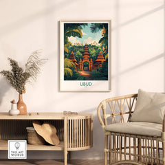 Ubud Bali Poster showcasing a lush tropical landscape with a traditional Balinese temple.