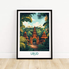 Ubud Bali Poster featuring lush landscapes and traditional architecture, ideal for home decor and travel inspiration.
