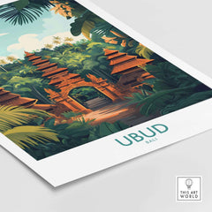 Ubud Bali Poster featuring Bali's lush landscapes and tranquil ambiance with traditional architecture.