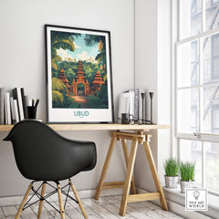 Ubud Bali Poster displayed in a stylish workspace showcasing lush landscape and peaceful ambiance.