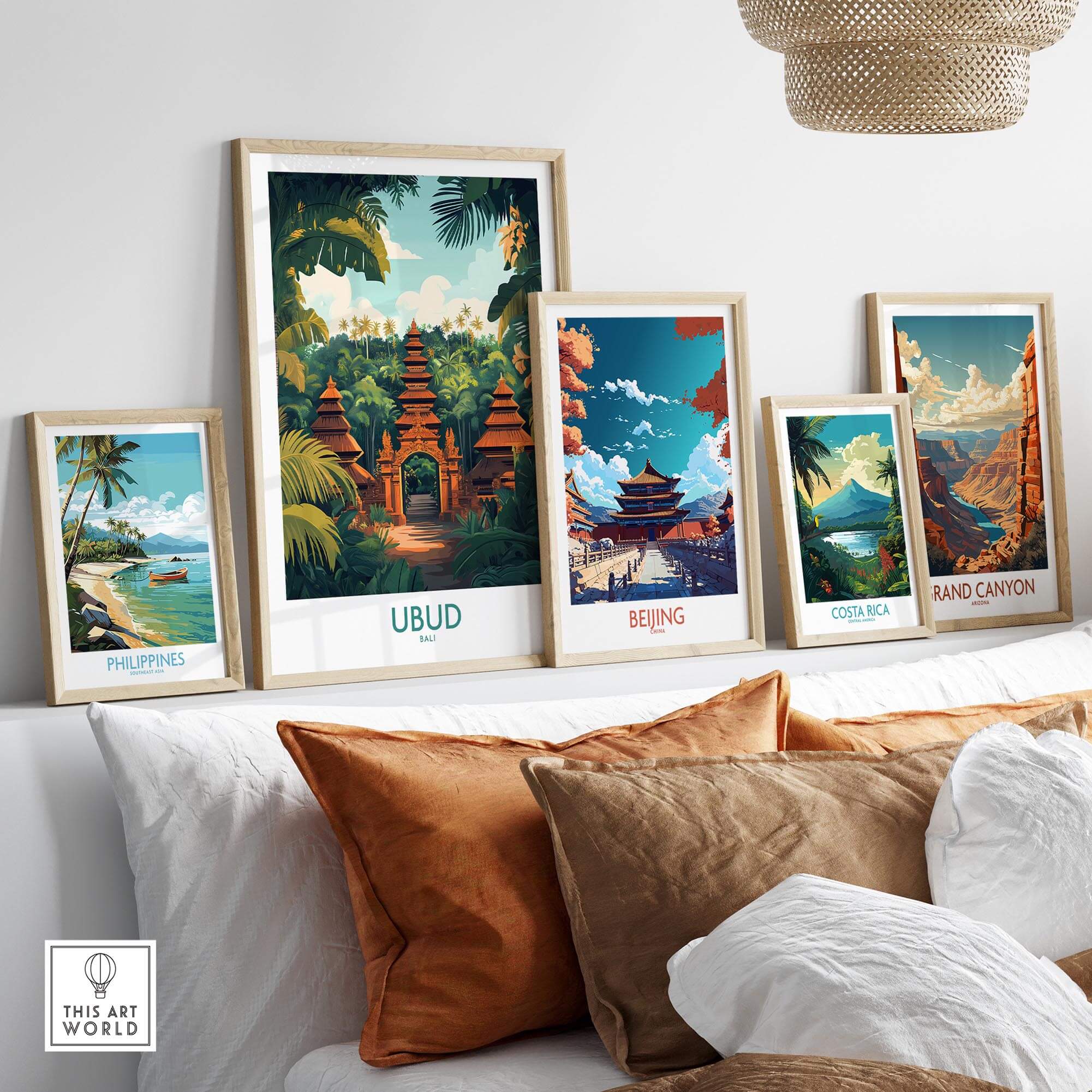 Ubud Bali Poster displayed among travel posters highlighting beautiful destinations.
