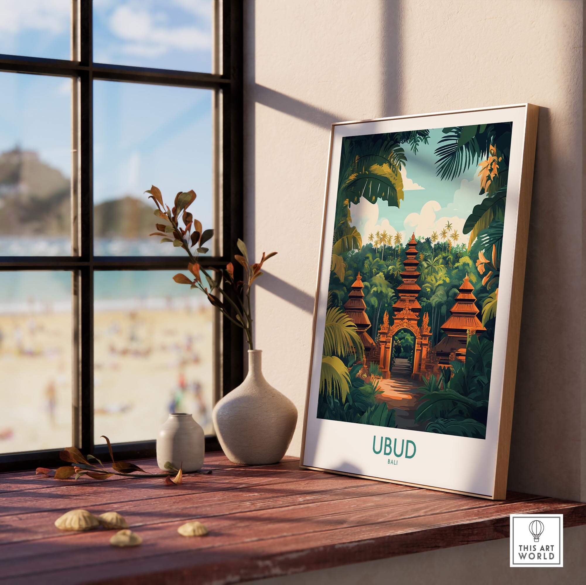 Ubud Bali Poster showcasing a serene temple surrounded by lush greenery, bringing a tropical vibe to any space.