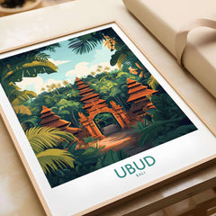 Ubud Bali Poster featuring a vibrant tropical scene with traditional Balinese architecture and lush greenery.