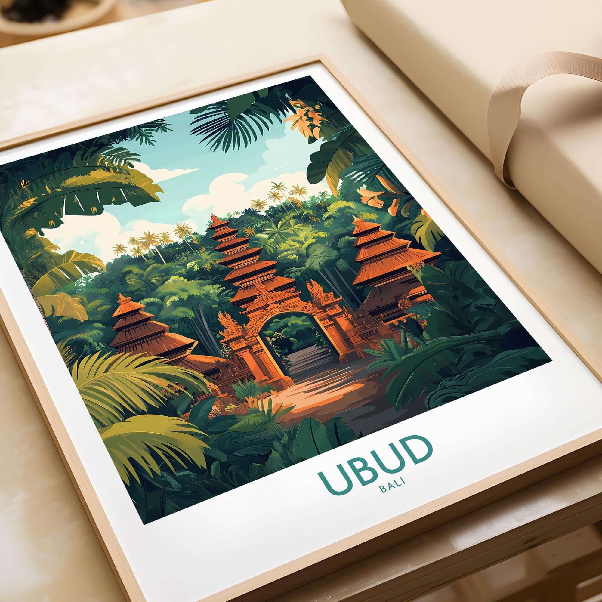 Ubud Bali Poster featuring a vibrant tropical scene with traditional Balinese architecture and lush greenery.