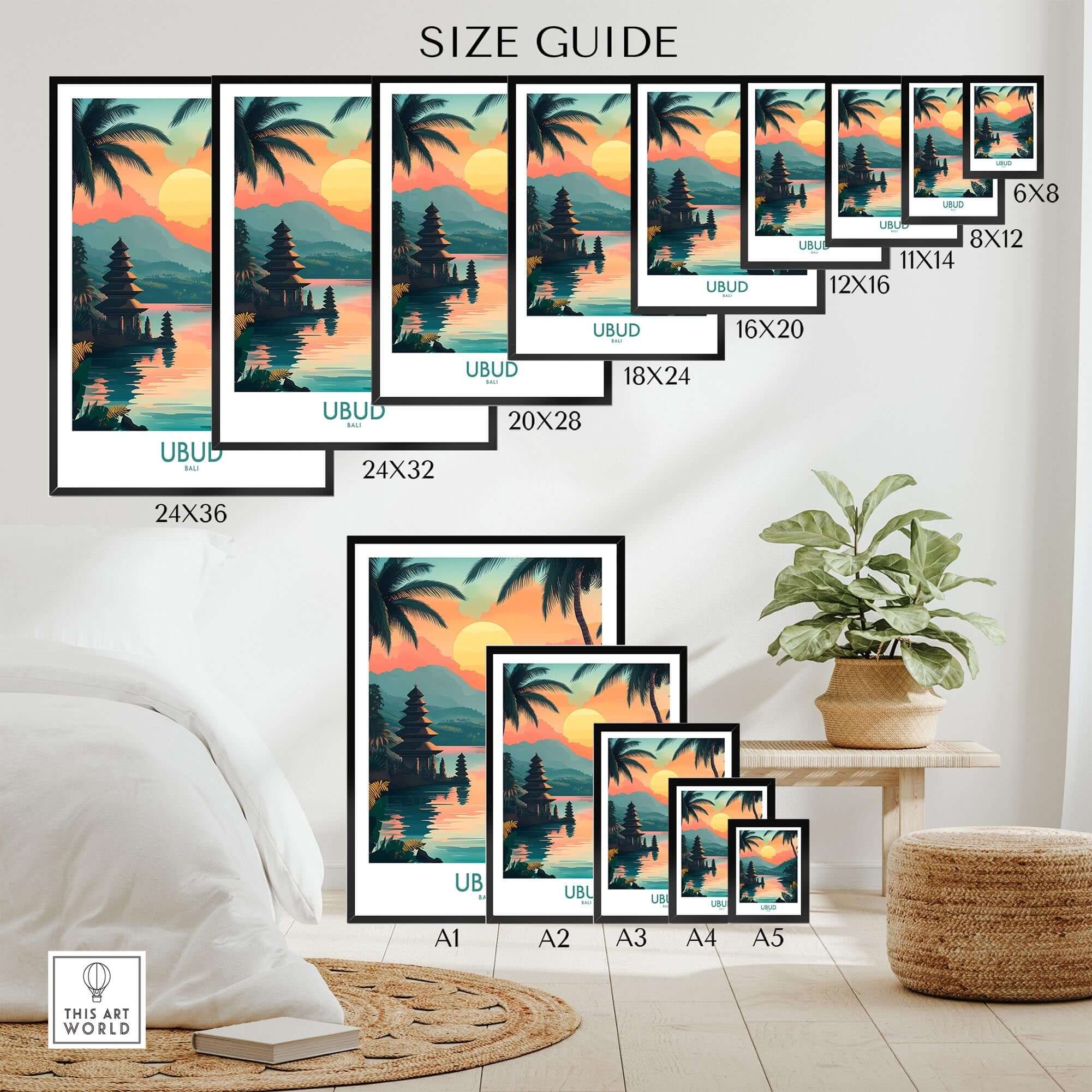 Ubud Bali Travel Poster size guide showcasing various prints in a stylish home setting.
