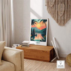 Ubud Bali Travel Poster showcasing serene landscape, vibrant colors, and tropical vibes for your home decor.