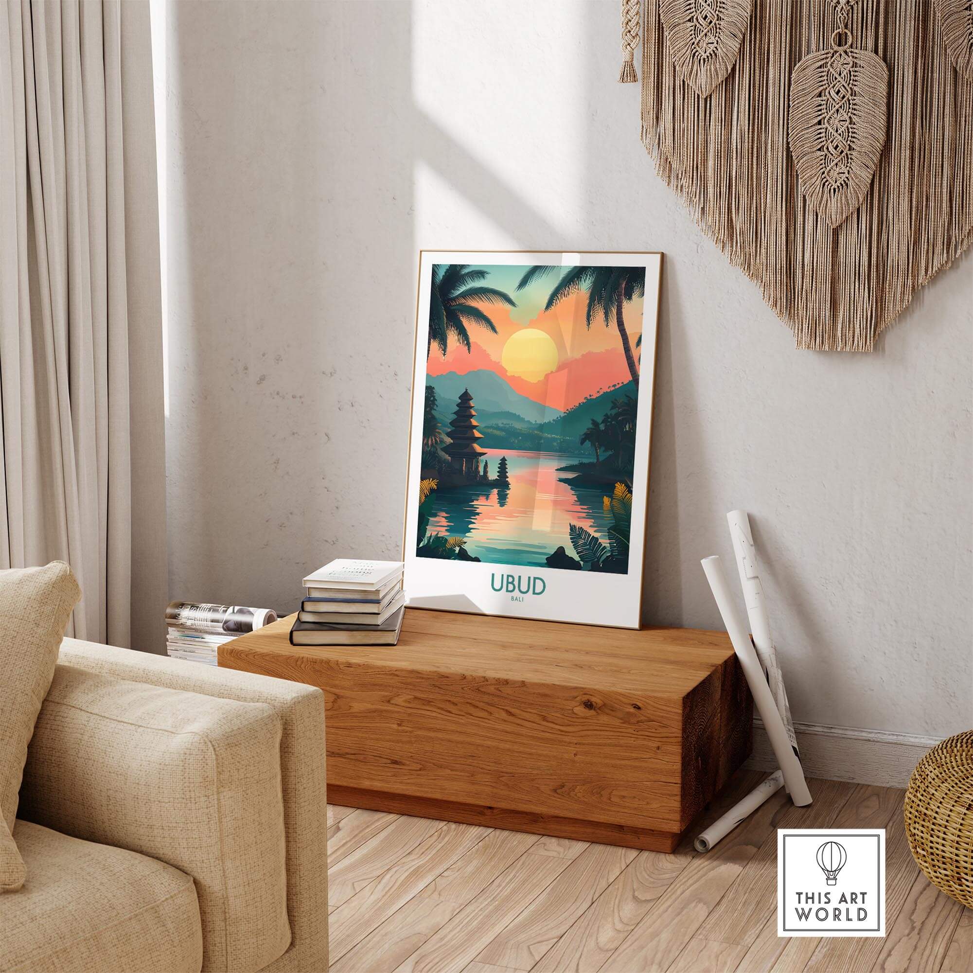 Ubud Bali Travel Poster showcasing serene landscape, vibrant colors, and tropical vibes for your home decor.