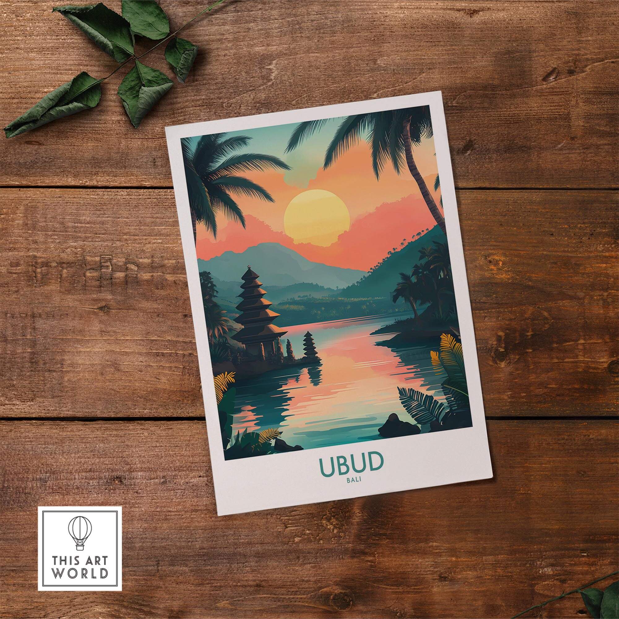 Ubud Bali Travel Poster showcasing vibrant sunset over a serene river with palm trees and traditional architecture.