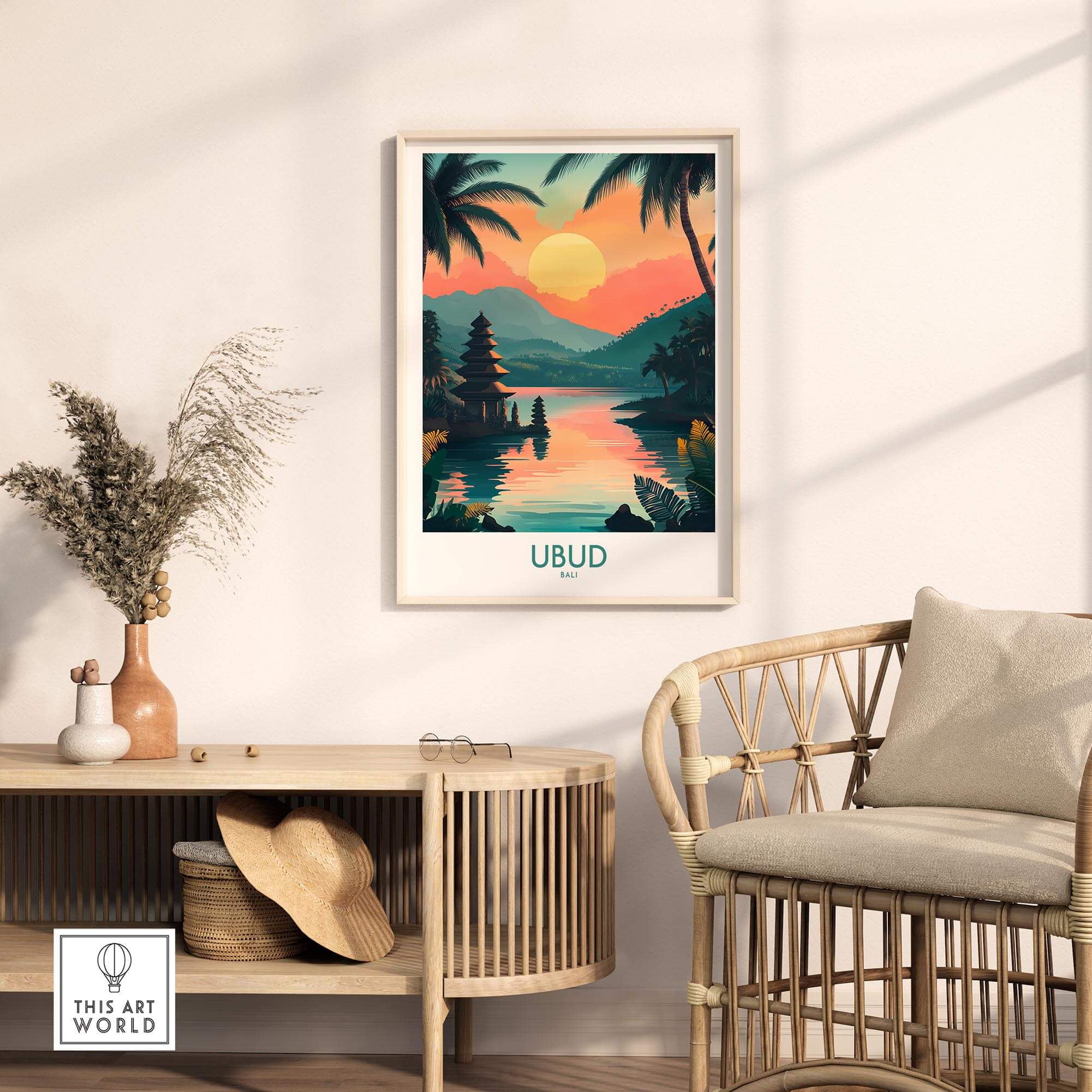 Ubud Bali Travel Poster showcasing a vibrant sunset over a calm lake surrounded by tropical palm trees.