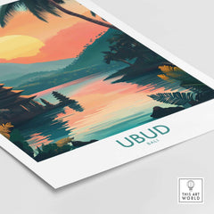 Ubud Bali Travel Poster showcasing vibrant landscapes and culture of Ubud, perfect for travel inspiration.