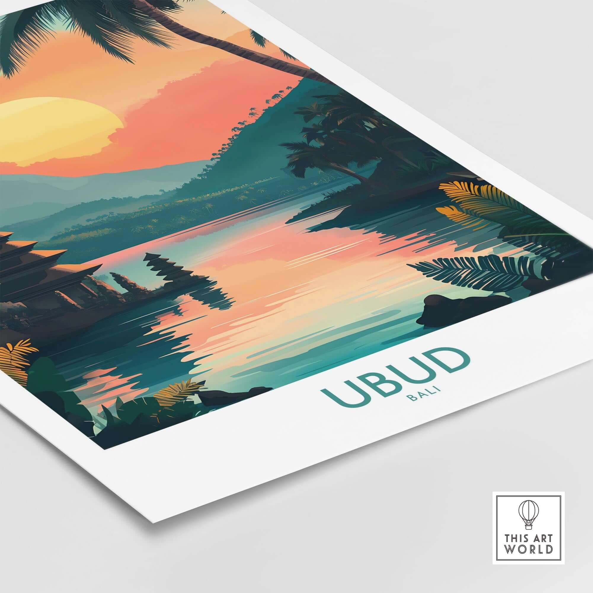 Ubud Bali Travel Poster showcasing vibrant landscapes and culture of Ubud, perfect for travel inspiration.