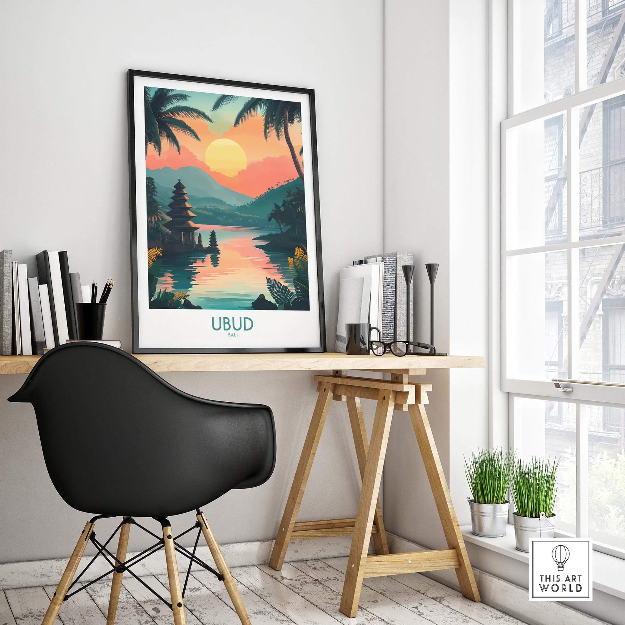 Ubud Bali Travel Poster showcasing vibrant landscapes and culture in a stylish home office setting.