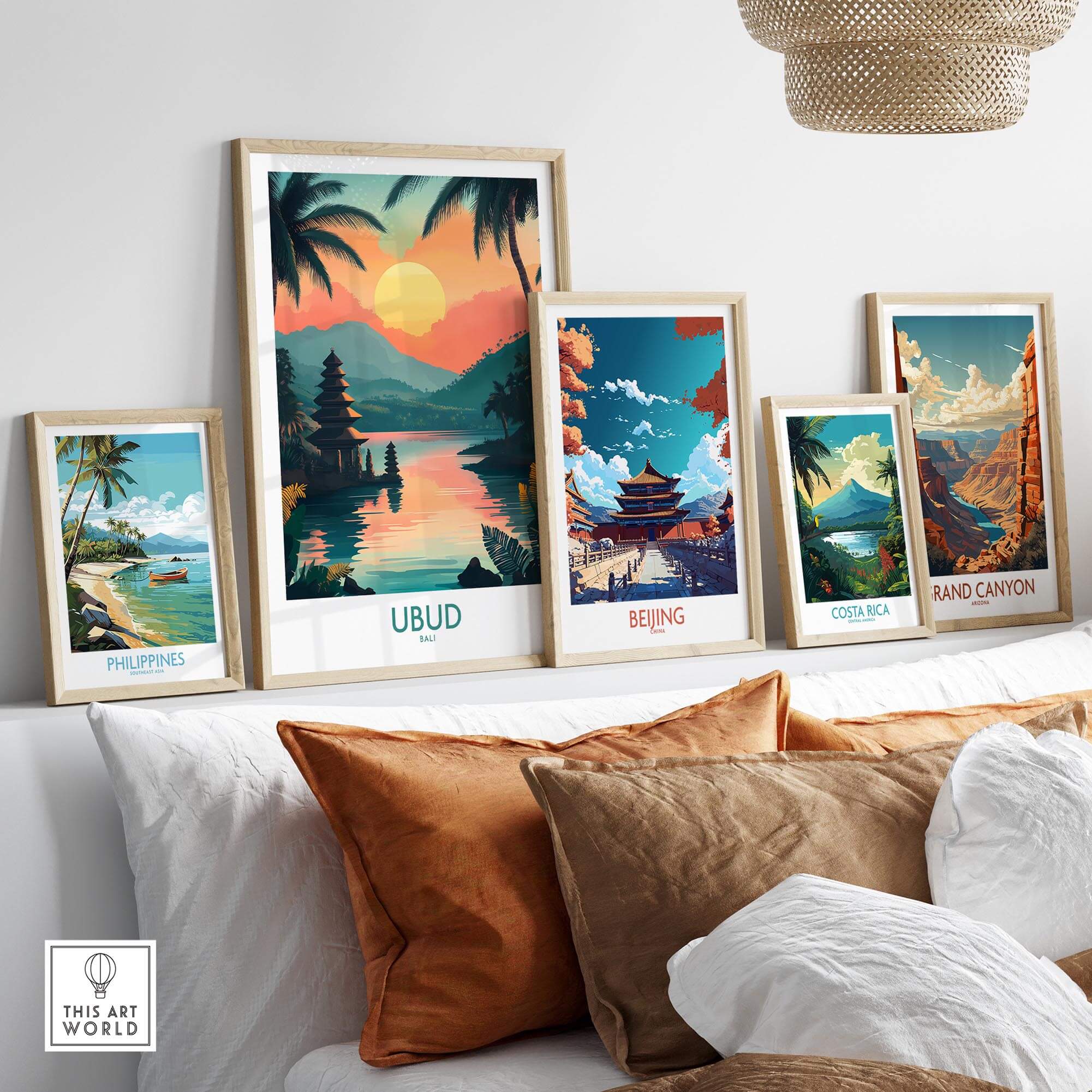 Ubud Bali Travel Poster displayed among other travel posters in a stylish home setting, showcasing beautiful landscapes.