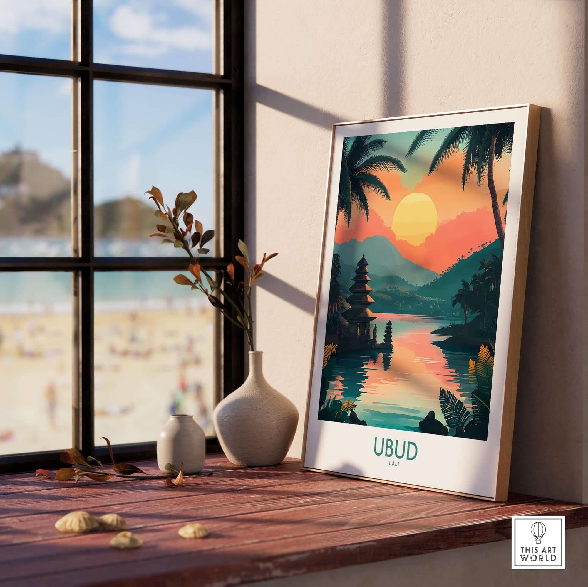 Ubud Bali Travel Poster showcasing vibrant landscapes and culture, perfect for inspiring adventure in your living space.