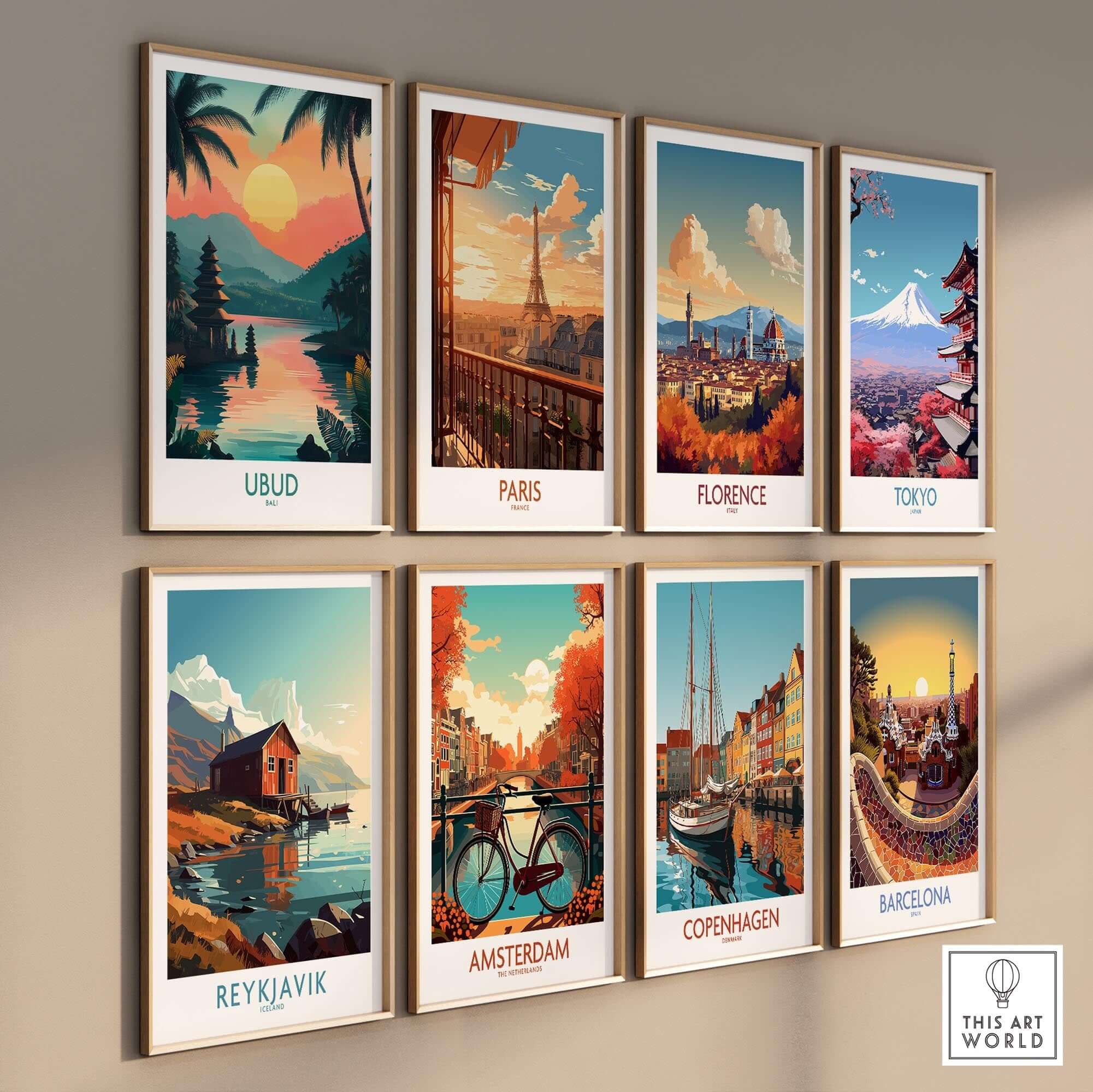 Ubud Bali Travel Poster collection featuring stunning landscapes and iconic landmarks in vibrant colors.