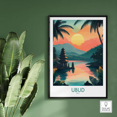 Ubud Bali Travel Poster depicting a serene sunset over water with palm trees in a vibrant landscape setting.