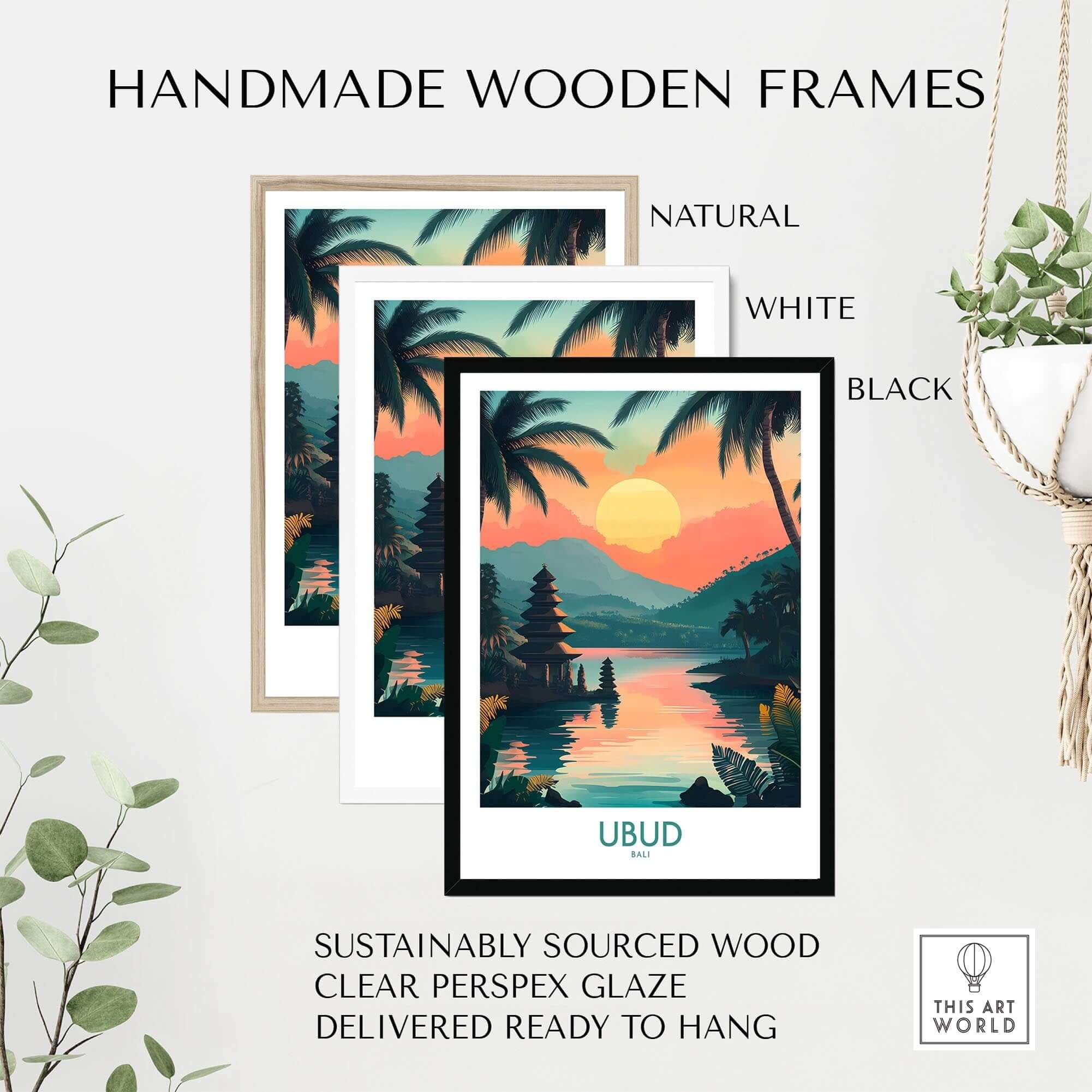 Ubud Bali Travel Poster showcased in eco-friendly handmade wooden frames in natural, white, and black options.