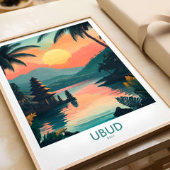 Ubud Bali Travel Poster showcasing vibrant sunset and tranquil landscapes of Ubud, Bali in stunning colors.