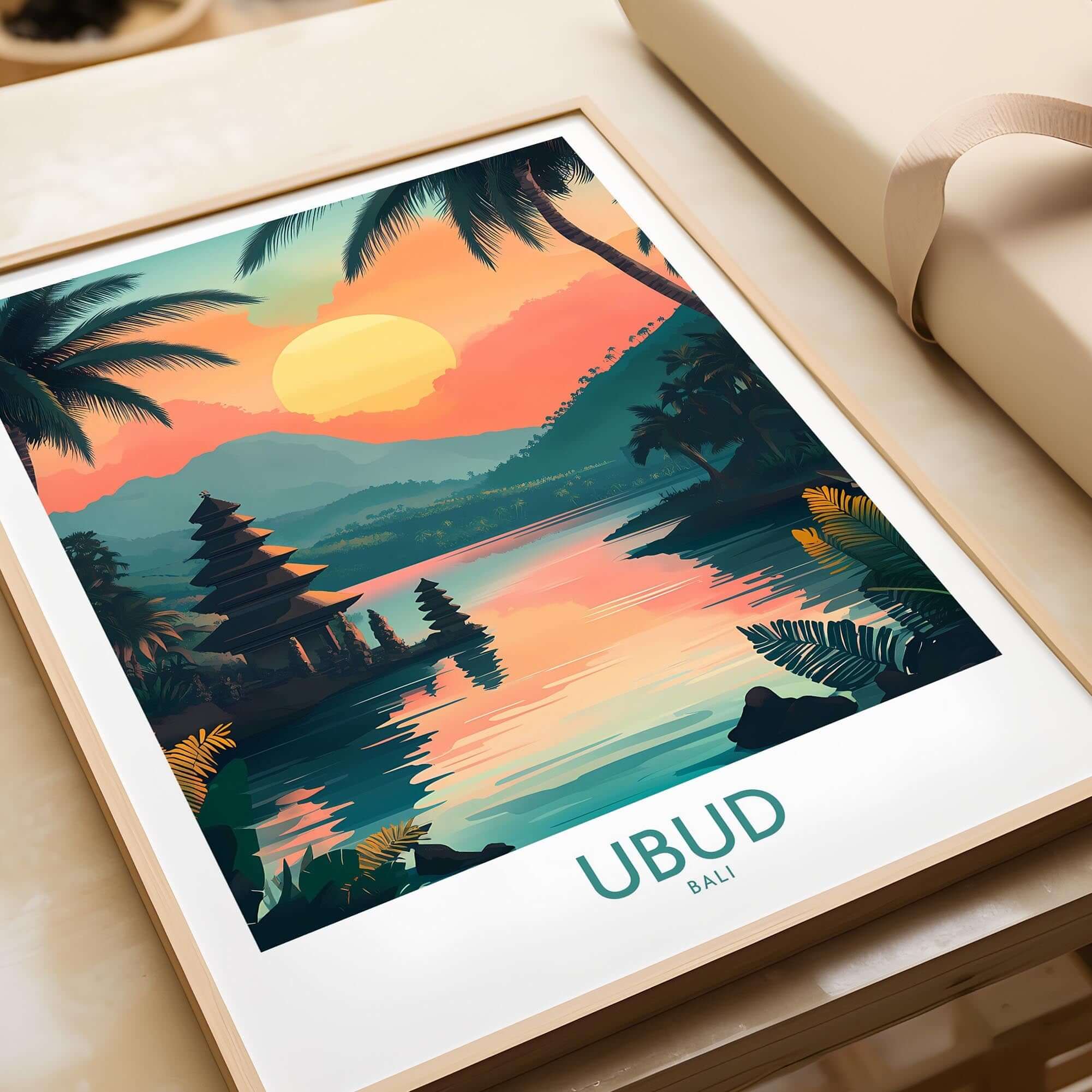 Ubud Bali Travel Poster showcasing vibrant sunset and tranquil landscapes of Ubud, Bali in stunning colors.