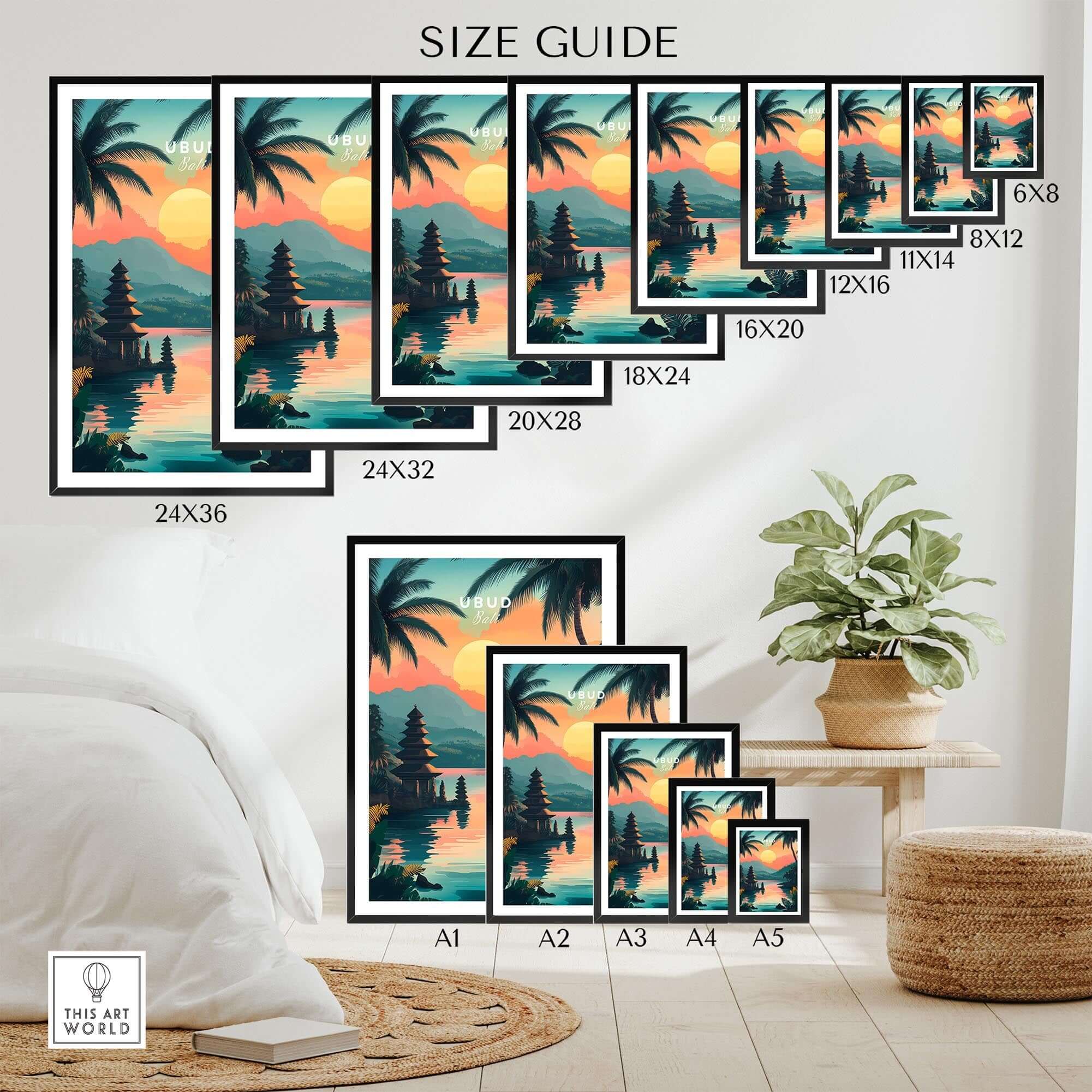 Ubud Bali Travel Print size guide showcasing various frame sizes for the travel print.