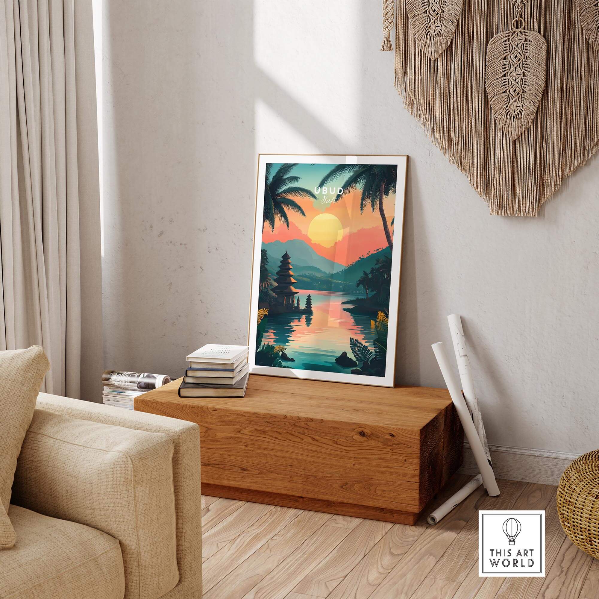 Ubud Bali Travel Print showcasing vibrant sunset landscape and palm trees in home decor setting.