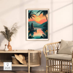 Ubud Bali Travel Print showcasing a vibrant sunset over Ubud's iconic landscapes in a stylish home decor setting.