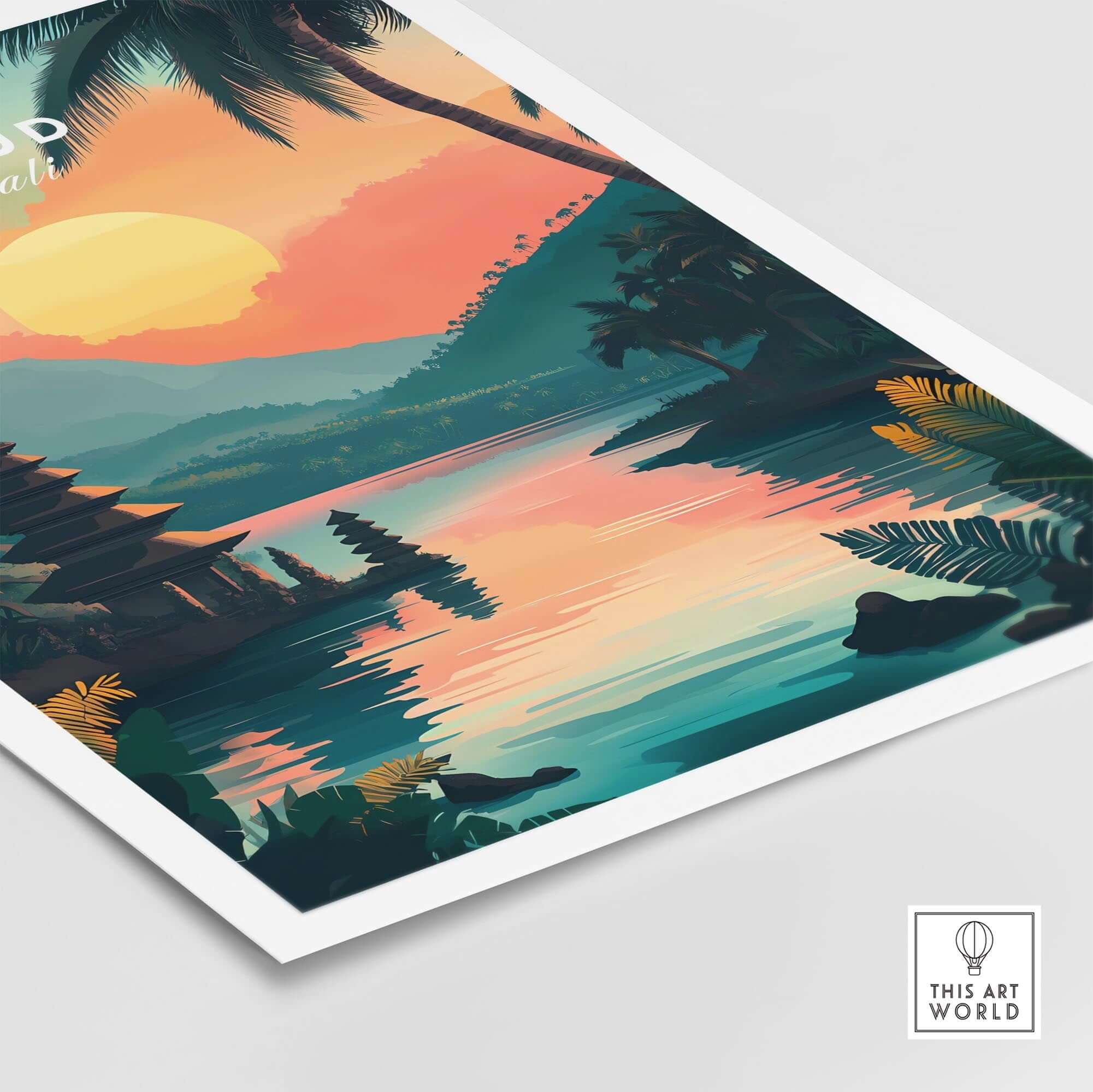 Ubud Bali Travel Print showcasing a sunset landscape with palm trees and serene waters, capturing the essence of Bali.
