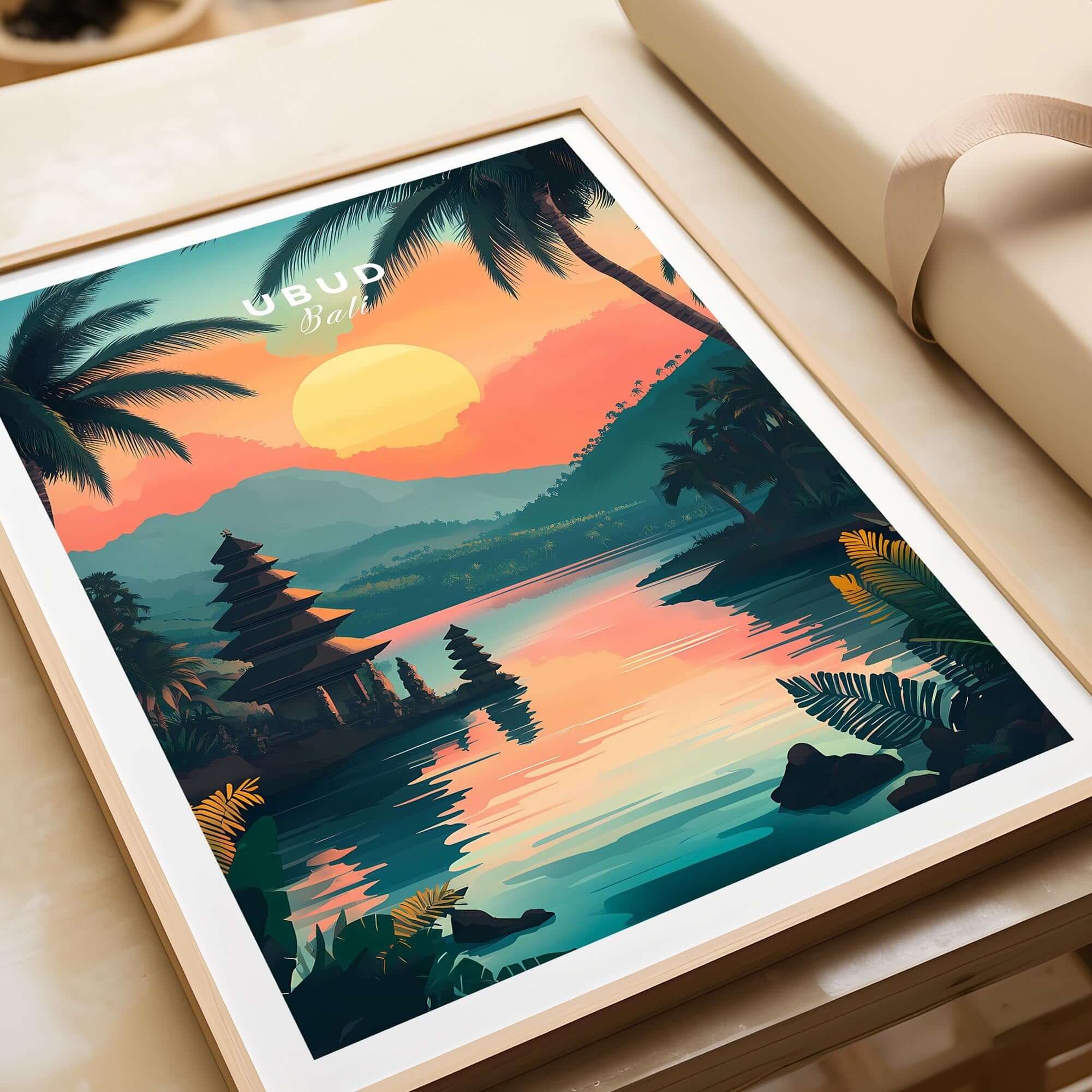 Ubud Bali Travel Print showcasing vibrant sunset over a serene landscape with traditional Balinese architecture.