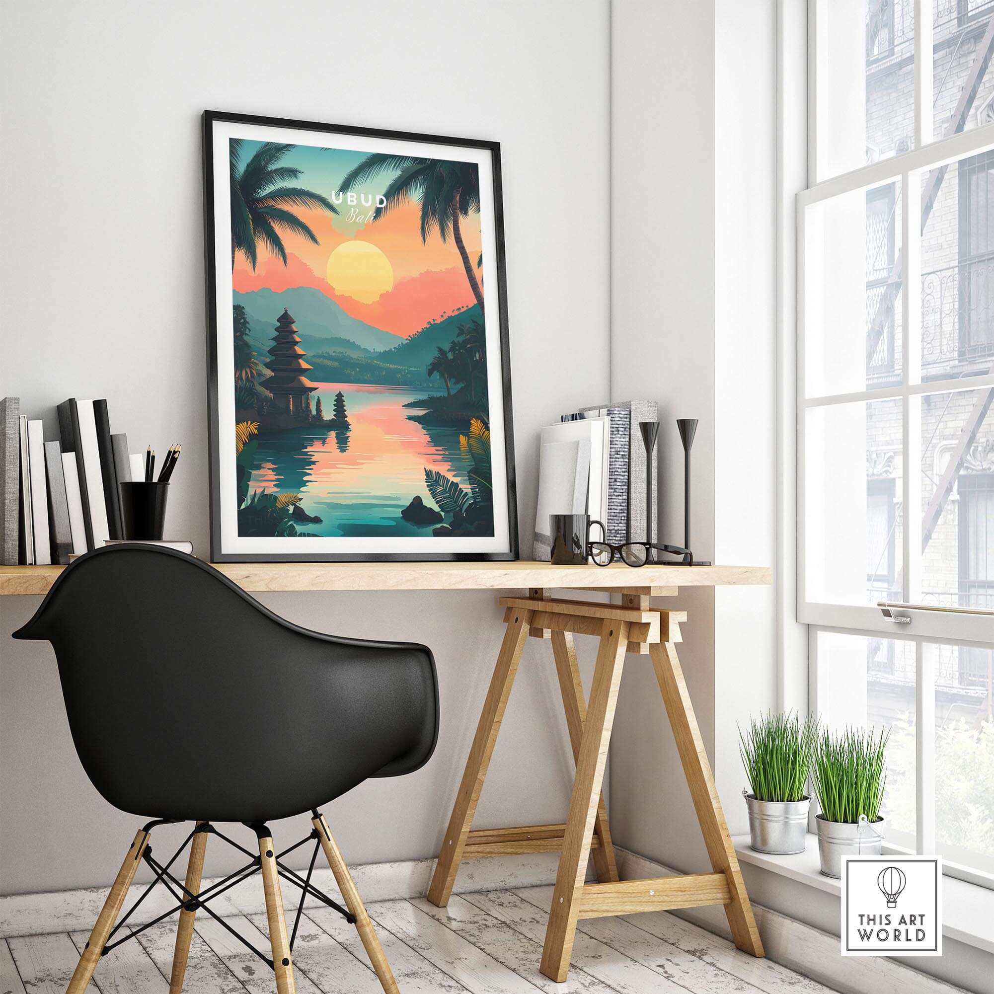 Ubud Bali Travel Print showcased in a stylish living room, featuring vibrant colors and beautiful landscapes.