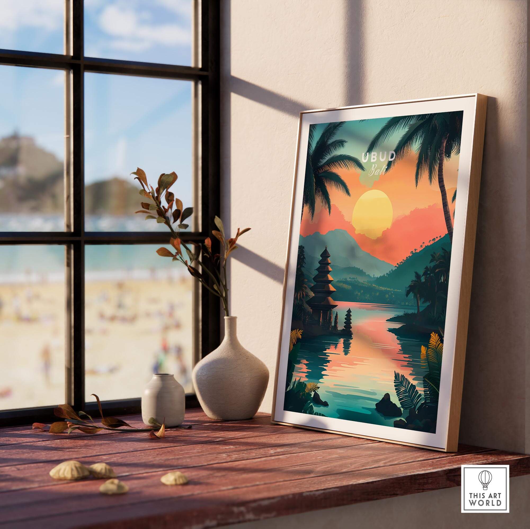Ubud Bali Travel Print showcasing a serene landscape with vibrant colors and traditional architecture, perfect for home decor.