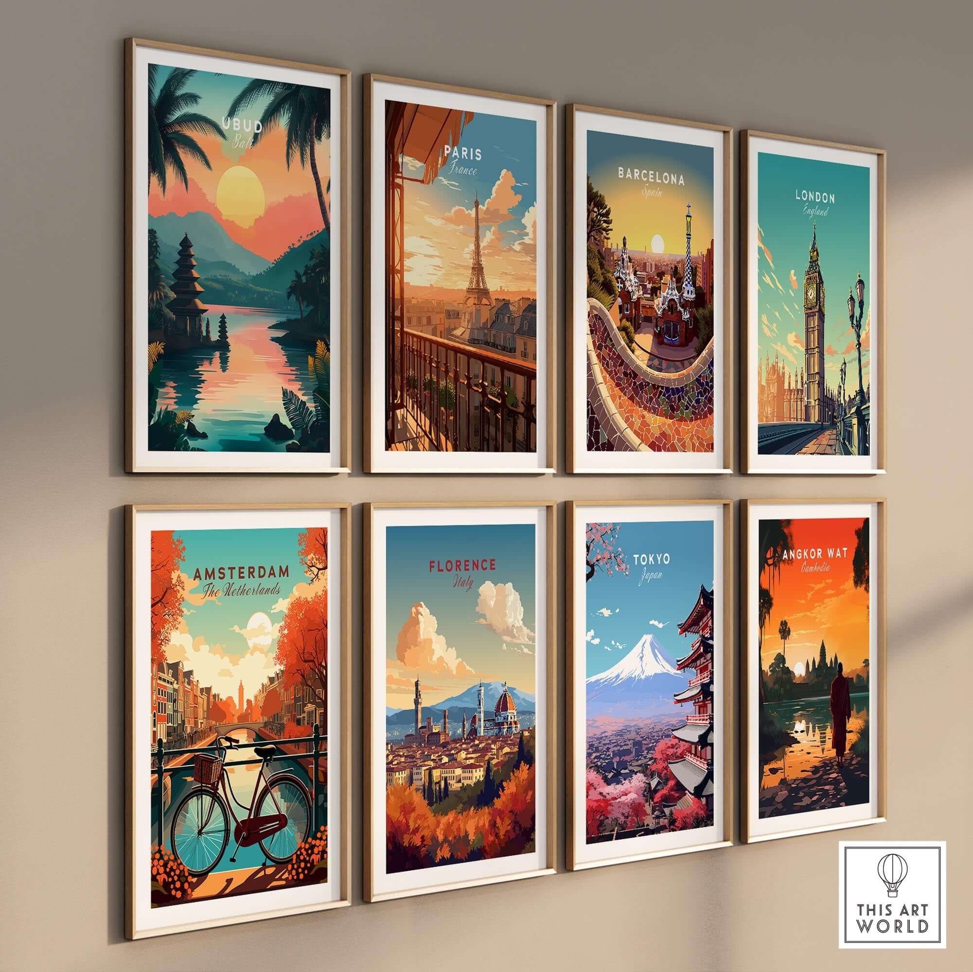Ubud Bali Travel Print showcasing vibrant landscapes and iconic landmarks from Ubud, Bali and other famous cities.