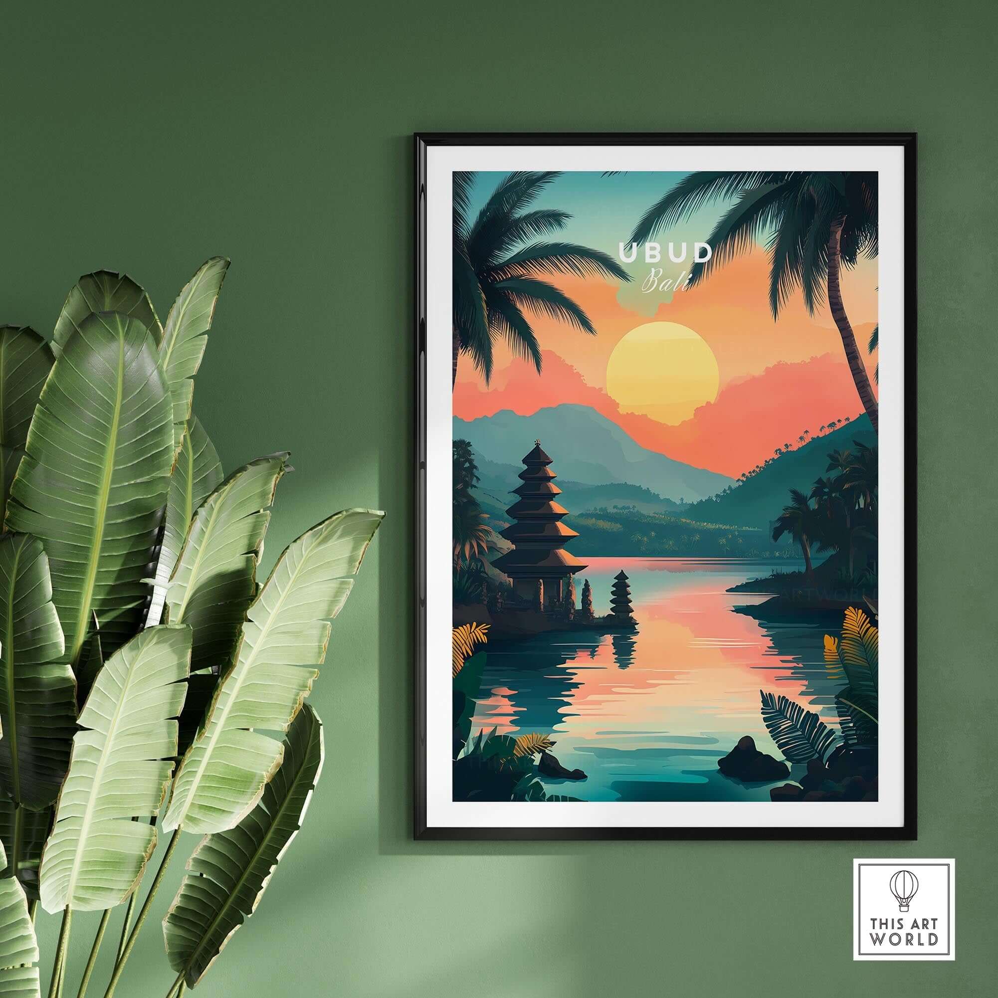 Ubud Bali Travel Print showcasing vibrant colors and iconic landscapes of Bali, perfect for wanderlust-inspired decor.
