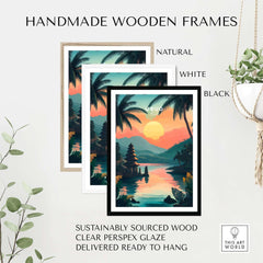 Ubud Bali Travel Print showcased in handmade wooden frames available in natural, white, and black finishes.