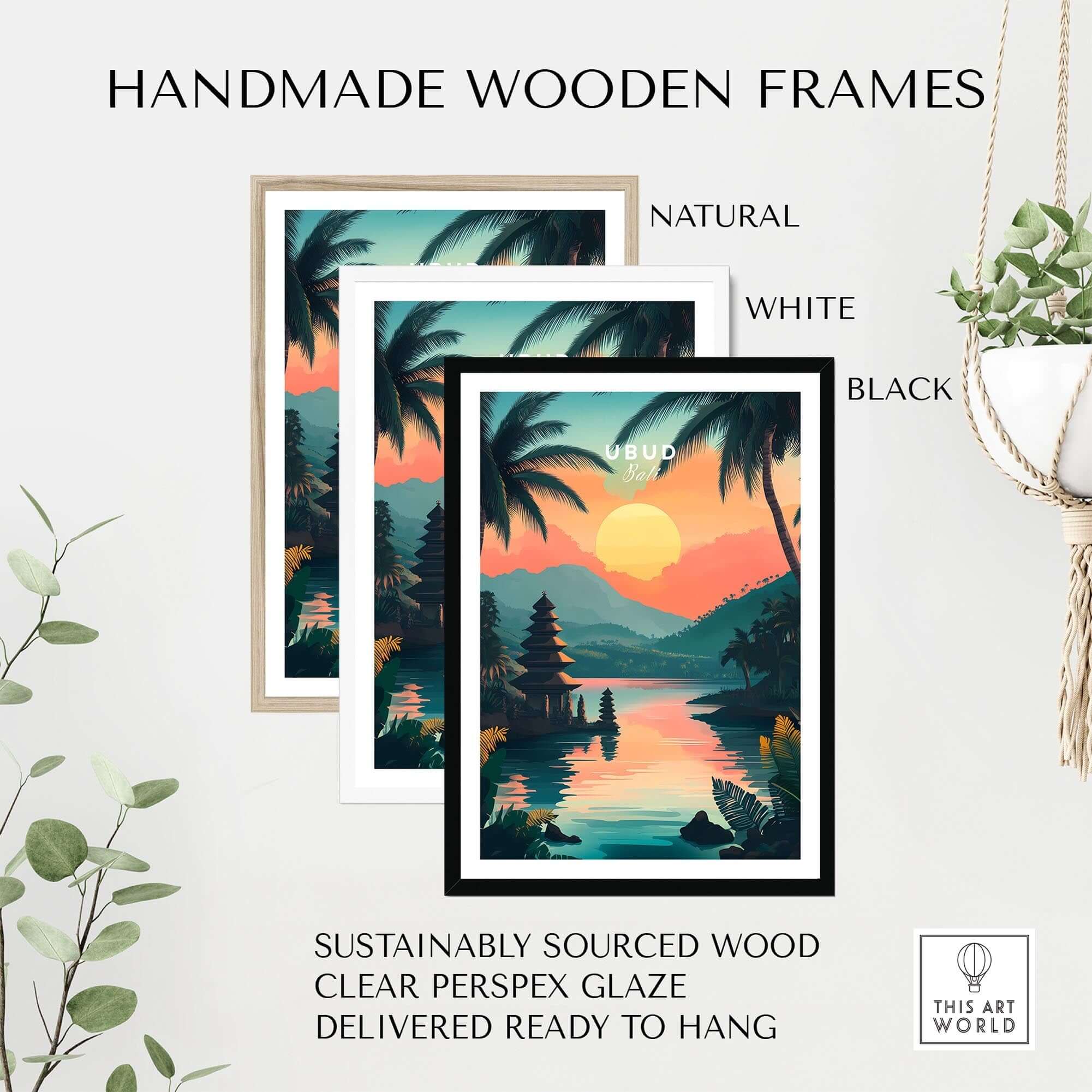 Ubud Bali Travel Print showcased in handmade wooden frames available in natural, white, and black finishes.