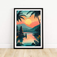 Ubud Bali Travel Print featuring a sunset over a river and traditional Balinese architecture.