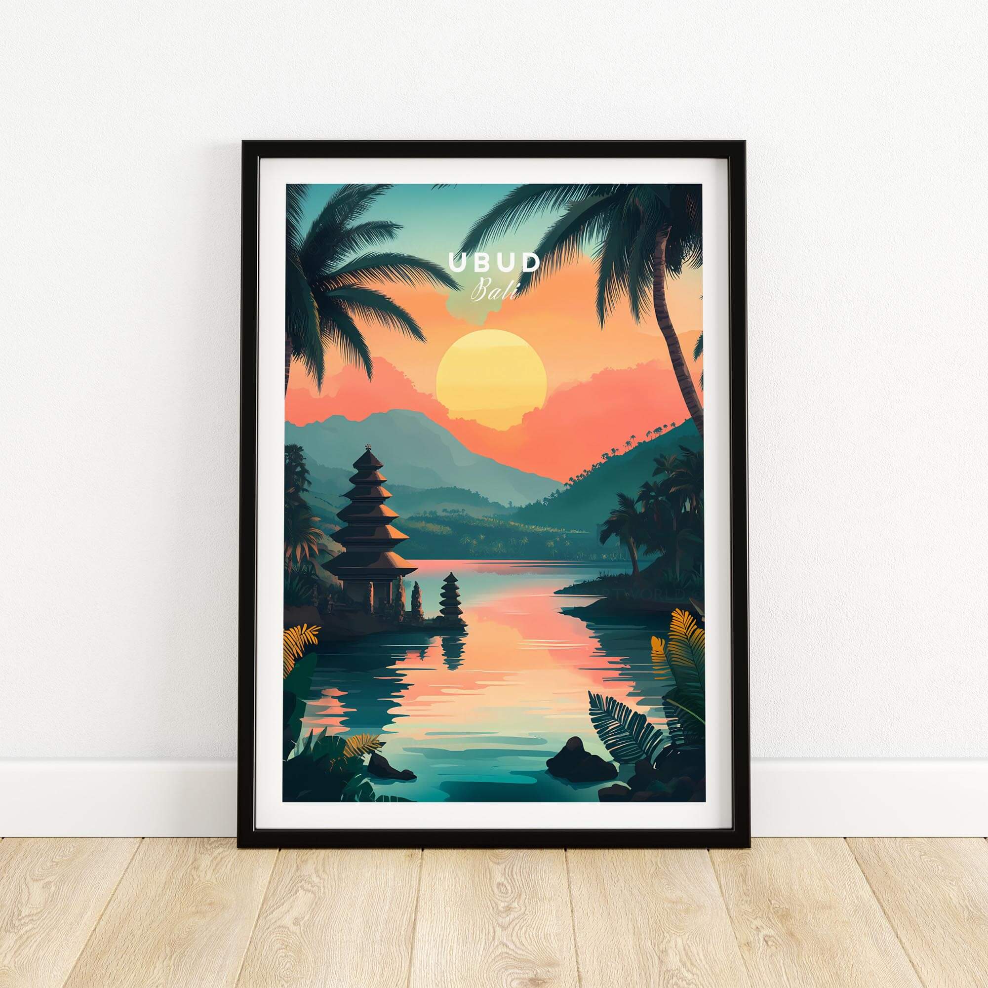 Ubud Bali Travel Print featuring a sunset over a river and traditional Balinese architecture.